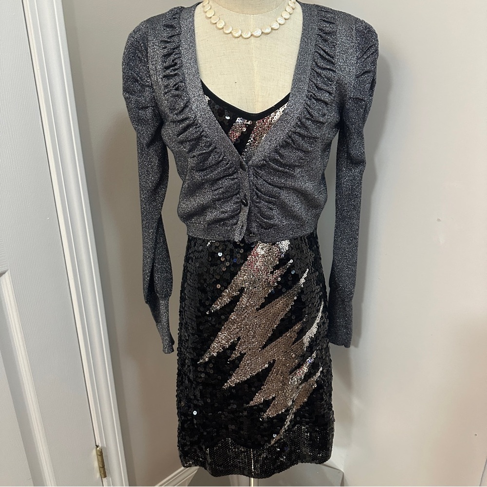 Wanko Gray Sequin Ruched Puff Sleeve Blouse S/M